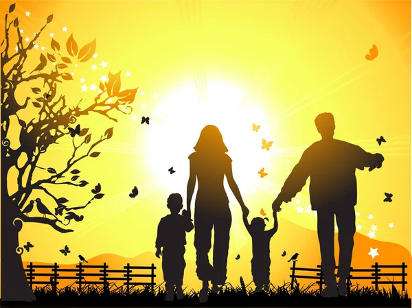 Silhouette Family Walking Sunset — Stock Vector
