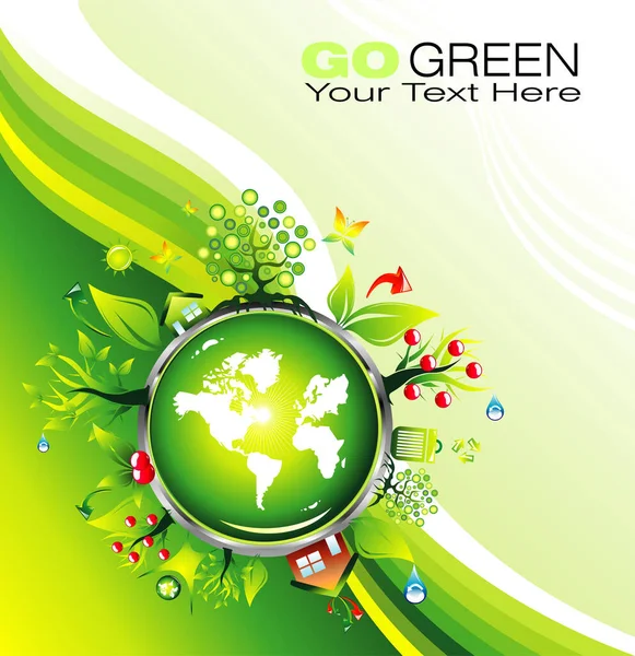 Vektorillustration Eines Grünen Hintergrundes Mit Globus Und Grünen Blättern — Stockvektor