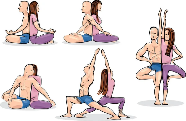 Junge Frau Und Mann Bei Yoga Übungen Vektor Abbildung Gesetzt — Stockvektor