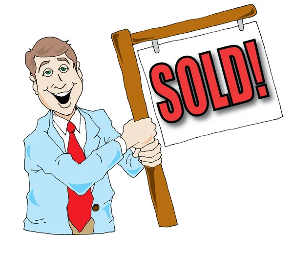 Cartoon Character Man Sold Sign — Stock Vector