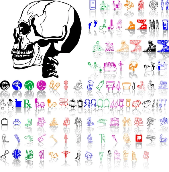 Cráneo Humano Conjunto Iconos Medicina — Archivo Imágenes Vectoriales