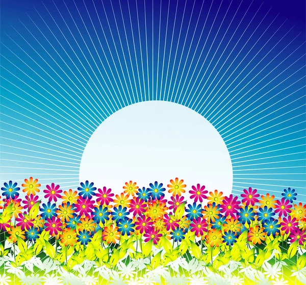 Paysage Été Avec Soleil Fleurs — Image vectorielle