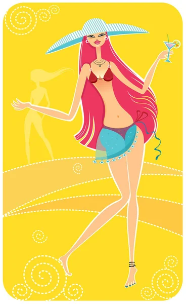 Belle Fille Bikini Avec Cocktail — Image vectorielle
