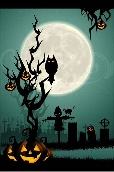 Halloween Kürbis Auf Dem Friedhof Bei Vollmond Illustration — Stockvektor