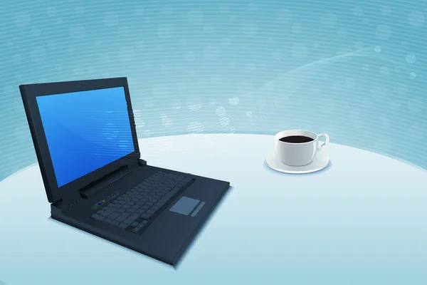 桌上放着咖啡杯的笔记本电脑 — 图库矢量图片