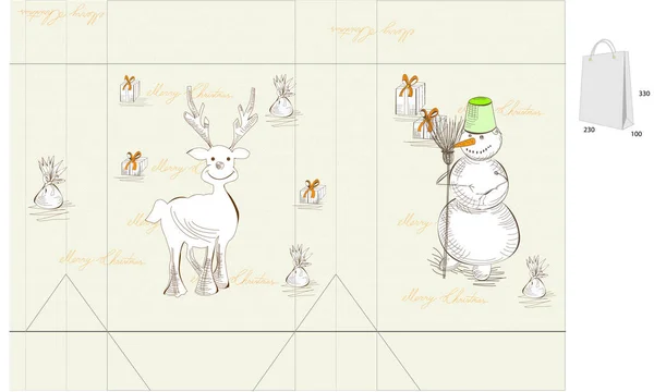 Tarjeta Navidad Con Ciervos Muñeco Nieve Vector Ilustración — Archivo Imágenes Vectoriales