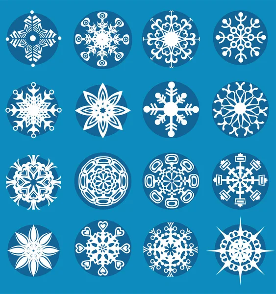 Ensemble Vectoriel Flocons Neige Sur Fond Bleu — Image vectorielle