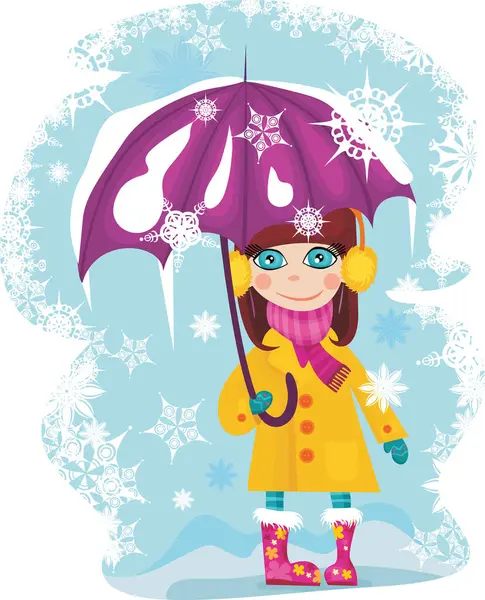 Cute Girl Winter Clothes Umbrella — Stock Vector
