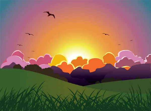 vector landscape with sunset