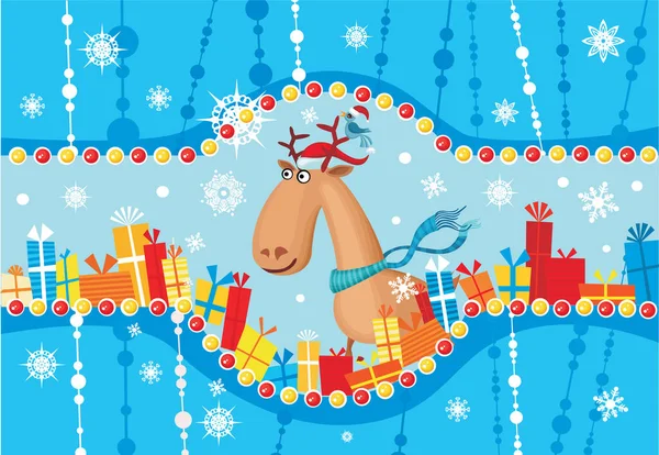 Weihnachtskarte Mit Hirschen Und Geschenken Vektorillustration — Stockvektor