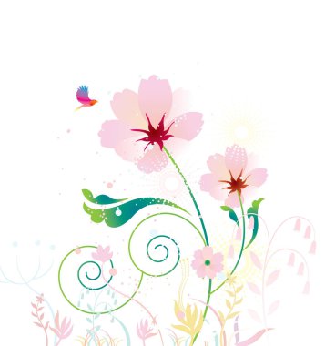 soyut çiçek vektör çizimi, çiçekler ve kuşlar