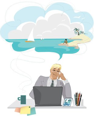 Dizüstü bilgisayarlı bir adam kumsalda tatil hayali kuruyor.