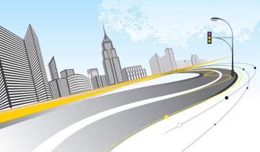 Yol ve binaları olan modern şehir caddesi