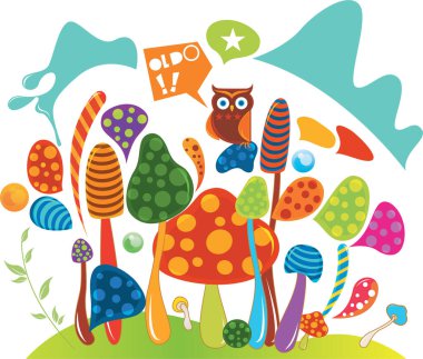 Ormanda renkli mantarlar, vektör illüstrasyonu