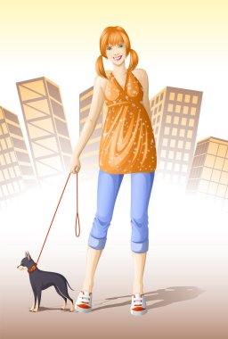 Şehirde köpeği olan bir kadın, modern vektör çizimi.