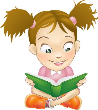 Beyaz arka planda kitap okuyan küçük bir kızın resmi.