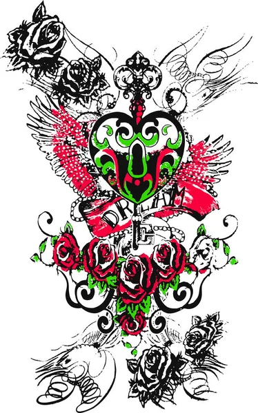 花と鳥のヴィンテージタトゥーデザイン — ストックベクタ