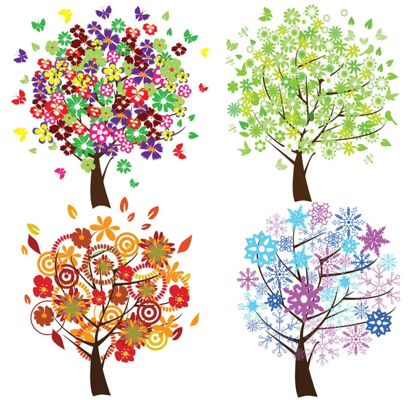 Conjunto Quatro Árvores Estações Ilustração Colorida — Vetor de Stock