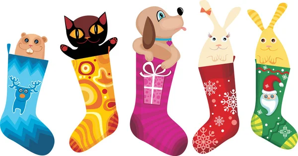 Roztomilé Vánoční Ponožky Zvířaty Uvnitř — Stockový vektor
