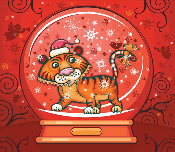 Tygr Vánočním Stromě Velkou Červenou Mašlí — Stockový vektor