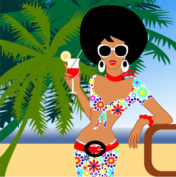 身着泳衣和鸡尾酒的非洲女卡通人物 — 图库矢量图片