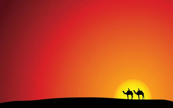 日没の砂漠のラクダのシルエット — ストックベクタ
