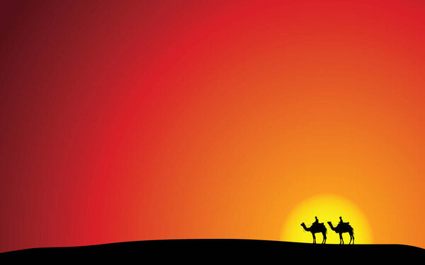 silhouette of camels in desert at sunset
