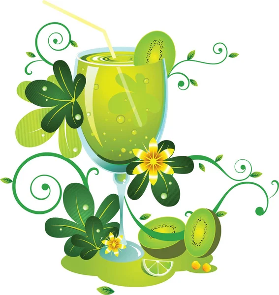 Vector Illustratie Van Groene Cocktail Met Limoen Bloemen — Stockvector
