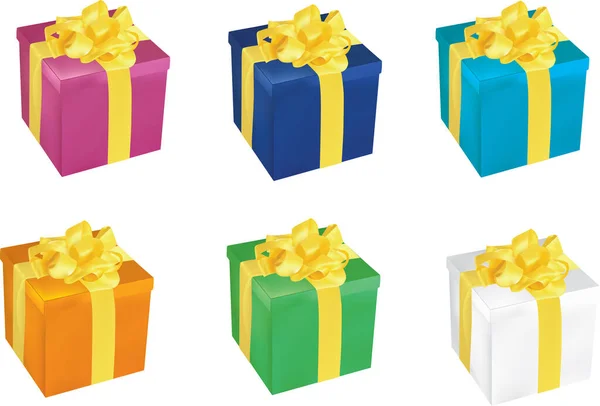 Bunte Geschenkboxen Mit Bändern Auf Weißem Hintergrund — Stockvektor
