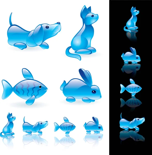 蓝色有趣的动物和鱼群 — 图库矢量图片