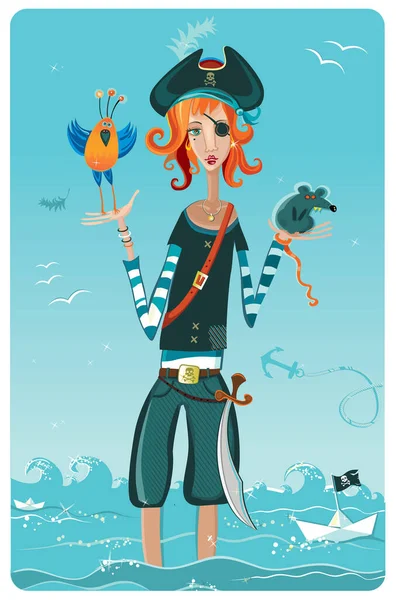 Διανυσματική Απεικόνιση Μιας Πειρατικής Γυναίκας Καπέλο Ψάρι Και Πειρατικό Πλοίο — Διανυσματικό Αρχείο