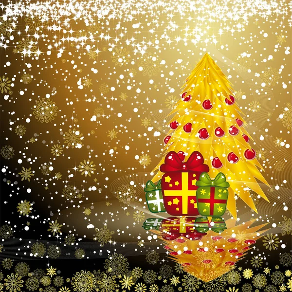 Fairy Gouden Kerstboom Met Geschenken Een Donkere Sneeuw Achtergrond — Stockvector