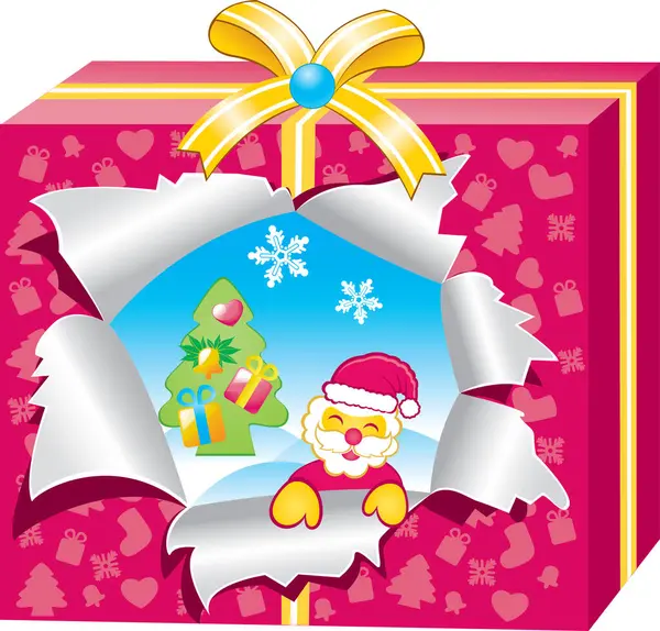 带礼品盒和圣诞树的桑塔病媒图解 — 图库矢量图片