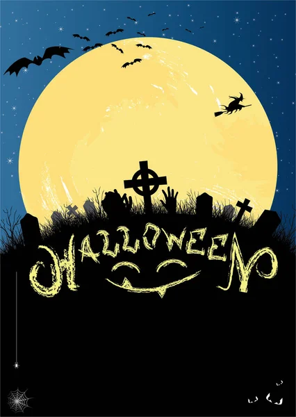 Convite Halloween Cartão Azul Preto Com Cemitério Morcegos Bruxa Lua — Vetor de Stock