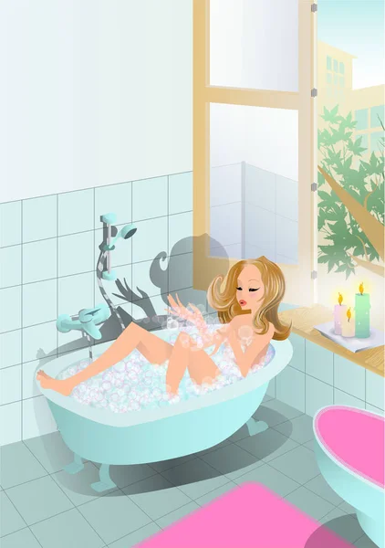 風呂でリラックス女性 — ストックベクタ