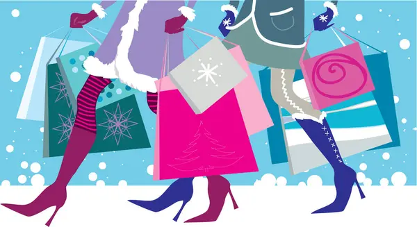 Vektor Illustration Kvinna Vinterkläder Med Shoppingväskor — Stock vektor