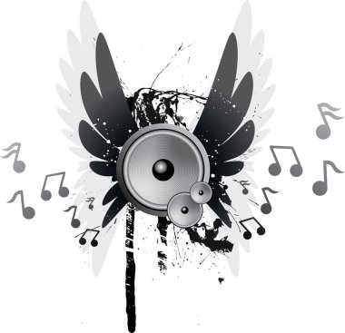 Müzik notaları ve kanatları olan soyut arkaplan