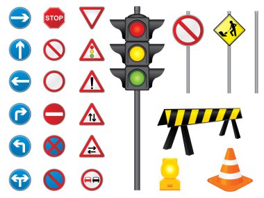Çeşitli trafik işaretleri, uyarı ve yol işaretleri