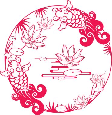 Çin burcunda balık, çiçek ve yapraklar