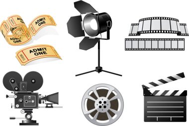 Sinema ve film simgeleri ayarlandı, vektör illüstrasyonu izole edildi