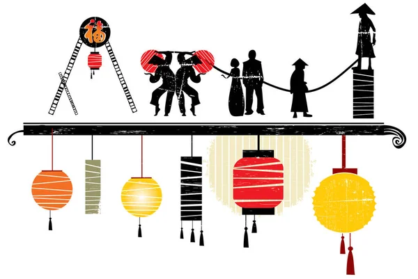 Año Nuevo Chino Faroles Chinos Tradicionales Colgando Cuerda Ilustración Vectorial — Archivo Imágenes Vectoriales
