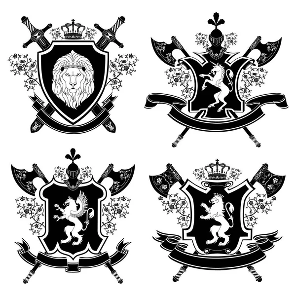 Conjunto Emblemas Heráldicos Con Elementos Medievales Reales — Vector de stock
