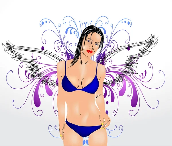 Sexy Frau Blauen Bikini Mit Flügeln — Stockvektor