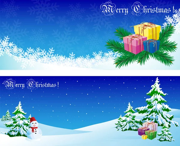 Cartão Natal Alegre Com Paisagem Inverno Presentes — Vetor de Stock