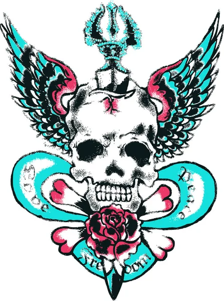 Crânio Asas Com Rosa Design Tatuagem — Vetor de Stock