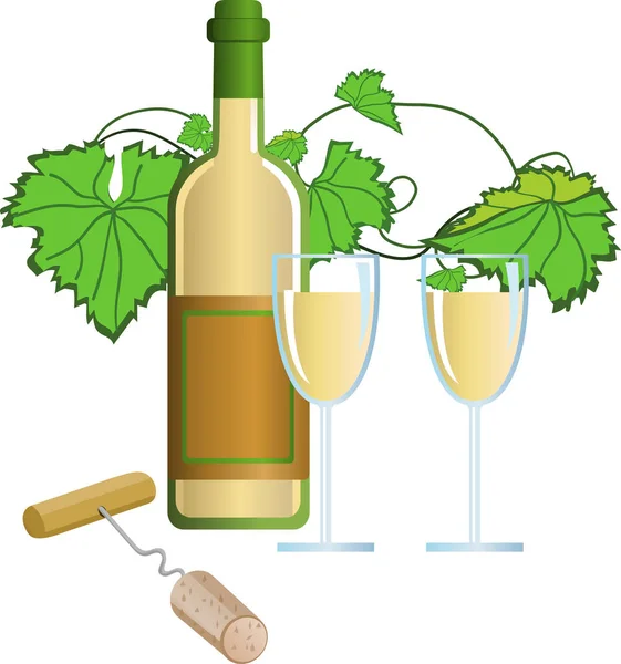 Wine Bottle Grape Leaves Corkscrew — Stock Vector