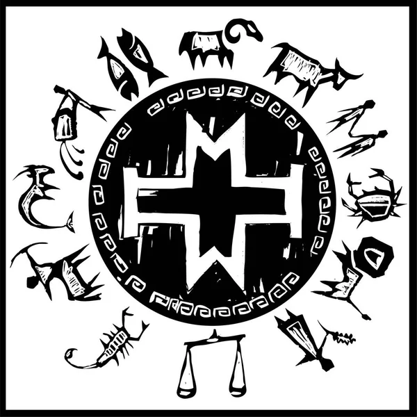 Černý Bílý Vektor Ilustrace Kříže Symboly Řeckého Boha Ježíše Krista — Stockový vektor