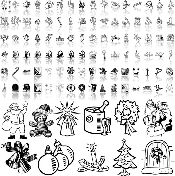 Weihnachten Und Neujahr Eingestellt Handzeichnung Schwarz Weiß Illustrationen — Stockvektor