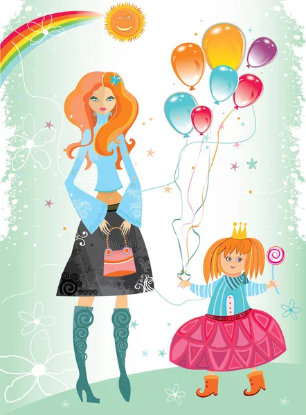 Ilustracja Dziewczyny Pięknej Sukience Bukietem Kwiatów Balonów — Wektor stockowy