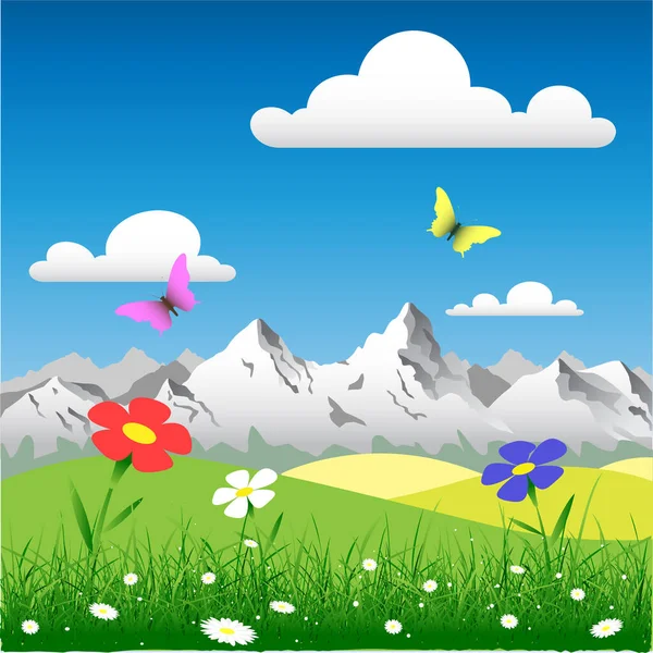 Vektorová Ilustrace Jarní Krajiny Květinami Motýly Kopci — Stockový vektor